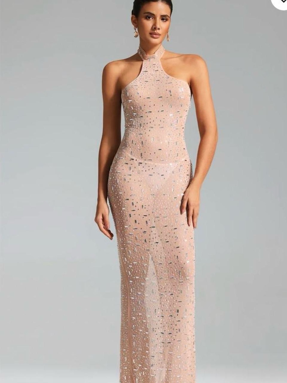 Sequin Halter Maxi Dress in Blush